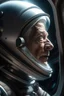 Placeholder: An experienced astronaut gazing at Earth from a spaceship window, strong jawline, detailed, hyper realistic, 30 years old, reflective visor, silver hair