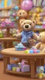 Placeholder: 3d imge of teddy sit on table inside th middle of baby shop or baby store