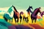 Placeholder: illustration horses of different colors in a field from afar