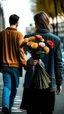 Placeholder: An image of a man holding a bouquet of flowers as he walks towards a woman. --auto --s2