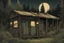 Placeholder: night, administrative camping cabin, overgrown, post-apocalyptic, comic book, camp site signs
