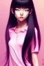 Placeholder: Japanese girl, cute, beautiful, long hair, black hair, bangs, pink shirt