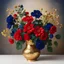 Placeholder: Flowers in midnight blue flowers, red flowers and green leaves in a gold vase. Light background