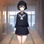 Placeholder: Clear focus, High resolution, short black hair, black eyes, wearing a sailor uniform, rough line, frowning, chopped bangs, fluffy hair, long white socks