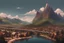 Placeholder: landscape of a small town with no tall buildings at all, next to super tall mountain range, with a tall building dwarfing the mountains far in the landscape of mountains, with hints of mystery. there is also a long bridge going far out of the city, into the mountains, in a photo realism style.