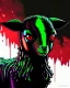 Placeholder: Comic book art style black lamb with red eyes, contrasting green meadow, cartoonist, digital portrait, dark fantasy, black iridescent skin, holographic, shiny, PVC texture, wet look, anime, gothic