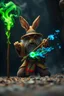 Placeholder: big fast killer Gandalf bunny in background, magic swirl, strong winds, true grit, reggae rasta native stand off fast draw poncho cowboy wizard on knees hurt punching green and blue fire ball whip while taking sight wand slinger, in dark cave ,bokeh like f/0.8, tilt-shift lens 8k, high detail, smooth render, down-light, unreal engine