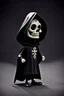 Placeholder: 1950s goofy vinyl toy of a skull face character wearing a black hooded cloak, drawn in a early animation rubber hose animation style, inside a lighter diamond shape on a black background, monochromatic