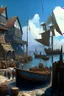 Placeholder: gothic, medieval, fishing town, rocks, long piers, fishing boats, people, shops, blue sky