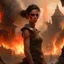 Placeholder: a dark haired tiefling woman in a sleeveless battle outfit, a face like emma watson, amidst town ruins with fires burning, photo quality