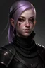 Placeholder: a female cleric dressed in black with scars on her face and lavender hair