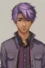 Placeholder: Light brown skin, red eyes, straight short purple-grey hair, black clothes, round face, young adult