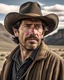 Placeholder: portrait of a cowboy, wide scene, mountains in the background, photography