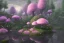 Placeholder: Paysage forêt grands arbres maison avec champignons roses et une rivière bordée de grandes fleurs roses lumiere volumetrique unity engine