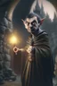 Placeholder: photorealistic, mr bean as robed goblin shaman wielding morning star in dark stone castle, 4 k, trending art, depth of field, volumetric light