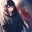 Placeholder: Clear focus,High resolution, black long hair, Vibrant red eyes, Emo style, Hoodie