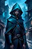 Placeholder: young male rogue in the city darujistan from malazan tales of the fallen, at night. the only light is blue from gas lamps on the street. the lamps give blue light. the rogue wears black clothes with a tight hood and no loose hanging cloth