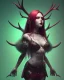 Placeholder: isometric art of a cute short Demon women with black antlers, deep blood red hair and green eyes, dark lighting, soft pastel gradients, high definition, 3d icon clay render, blender 3d