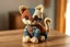 Placeholder: create a handcrafted patchwork cat toy sitting calmly on a wooden surface. The cat is made from textured fabrics like soft tan crochet, worn blue denim, brown corduroy, and stitched wool. Visible seams connect the fabric pieces, with small buttons as decorative accents on the ears and paws. The cat has large, expressive amber eyes and delicate stitched whiskers. Its tail curls gently around its front paws. Cozy natural lighting, warm color palette, soft background with painterly blur, same textu