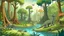 Placeholder: Cartoon illustration for children: Cenozoic jurassic swamp, millions of years ago, with towering prehistoric trees and strange lloking gigantic plants