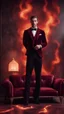 Placeholder: Hyper Realistic Handsome-Muscular-Man-with-little-smile Wearing Maroon-&-Black-Velvet-Tuxedo in flame-patterned-vintage-wall with glowing-embers on the floor in a dark-room with fancy-couch-&-fancy-lamps-on-wall