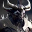 Placeholder: photorealistic render, 4k, male alien very like a bull able to walk upright; distinct taurus horns on his head , armor of samurai; the few visible face features resemble Sterling Hayden