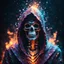 Placeholder: hooded marble skeleton covered with glowing crystals, fire particles in air, bright colors, glowing sparkle particles, dark tone, sharp focus, high contrast, 8k, incredible depth, depth of field, dramatic lighting, beautifully intricate details, clean environment, epic dynamic scene