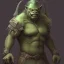 Placeholder: orc mage, Height 250cm, Weight 200kg, Skin color green, Has predator-like eyes, fangs, and claws He holds an old stuff in his hand. Kills humans with ferocious accuracy, Intelligence is that of a human child. Wears crude silk armor