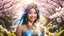 Placeholder: Portrait of a gorgeous smiling asian goddess with a golden dark skin, long smooth clear blueish hair, blue eyes, in a sci-fi outfit with luminous strikes in a hill of flowers with sakura trees, a small torrent, loads of mini flowers, moss, sun rays through the branches, particles in the air at spring