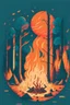 Placeholder: perfect round ball burning in a bonfire inside a forest, 2D flat illustration style, monoline, 3 colors max