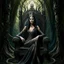 Placeholder: Morena Baccarin as a beautiful sexy dark elf queen seated elegantly on a throne in a mystical forest, dark celtic vignette frame