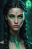 Placeholder: Young beautiful female Hexblood. Skin is lightly tanned. Hair is long, silky jet black with elegant half braids and straight flowing hair. Eyes glow pale emerald green. Delicate face, full lips, high cheekbones. Dark magical vine markings on neck and collarbone. Mysterious and enchanting. Realistic, cinematic, highly detailed dark fantasy.
