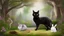 Placeholder: A black cat staring a white rabbit in the forest.