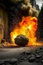 Placeholder: fire explosion under cracked street rocks