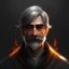 Placeholder: grandpa, unreal engine, professional movie light, beautiful, whole body, grey blurred background, orange rim light, white light front, portrait, cute, black hair, artistic brush trail on hair, minimalist clothes, gold mustaches, black hair