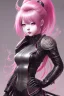 Placeholder: Detailed cute anime Kunoichi girl, pink hair buns, pink bangs, black latex bodysuit, intricate details, full body portrait, keep head in frame, slight smile, black Japanese motif, concept art, highly detailed, digital painting, concept art, sharp focus, illustration, art by Yoji Shinkawa, WLOP and greg rutkowski and alphonse mucha and artgerm and yanjun Chen and Junji ito and Makoto Shinkai, HDR, octane render