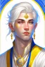 Placeholder: a wealthy half-elf young man with pointy ears and blue eyes, wears lots of jewelry, white hair, wearing white and gold