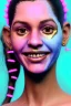 Placeholder: Ultra Realistic image, young Rosalía artist, smile portrait, waist up portrait, long black eye line, sweet face, gold pink and blue geisha style, spray glow make up, led lights, neon, gold piercing nose, gold teeth, led ornament, glow pink iris, fog, oversized bubble latex coat, vibrant color, highly detailed, art stations, concept art, smooth, unreal engine 5, god rays, ray tracing, RTX, lumen lighting, ultra detail, volumetric lighting, 3d, finely drawn, high definition, high resolution.