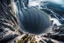 Placeholder: at the base of the rocky mountain peninsula, a great whirlpool waterfalls into deeper unknown depths