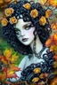 Placeholder: abstract creation of a beautiful girl with black curly hair, surrounded by black roses, thick metal chain broken, glass petals on the ground, autumn colours,dried out thorn bush, chaos,