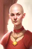 Placeholder: portrait colour drawing, fantasy setting, 22-year old friendly female Caucasian human cleric, shaved head, small round ears, light eyebrows, wearing red beaded necklace ,gwendolin christie