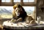 Placeholder: Lion sitting at a table eating garlic bulbs and drinking milk. Highly detailed, smooth colours, realistic landscape. Aquarell