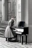 Placeholder: One single mature cat lady playing piano on the street, Vienna, fiacre, friendly, model style, hyper realistic, extremely accurate, delicate, extremely detailed, Graphic novel style, wide-angle, open aperture, superfine pencil