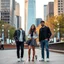 Placeholder: future modern city center park a pertty couple with modern clothing standing and posing to camera