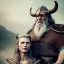 Placeholder: Viking theme, a younger woman sitting next to a 50-year-old man, portrait, 8K, close-up face, anatomically perfect face, Highly detailed stunning full frame portrait, misty and cloudy atmosphere