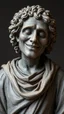 Placeholder: Ceramic style statue all colours are dark gray of an old church man from the 1200 BC in it a whole body and the head of dead man with thick curly hair smiling
