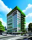 Placeholder: A 3D representation of a 10-story building in Bogotá for housing, commerce and office purposes. It has a modern neo-futufist architectural design with a mix of glass and concrete. There are shops on the ground floor. The upper floors contain residential units and office spaces. The building is surrounded by a green space with trees.