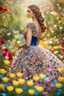 Placeholder: Photograph Beautiful woman wearing dress made of colors diamonds shapire and jewels in a flowergarden