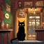 Placeholder: comic {Black cat with glowing eyes sitting in a pub} . graphic illustration, comic art, graphic novel art, vibrant, highly detailed