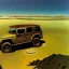 Placeholder: closeup of rusty jeep nukizer, moss covered, desert, cracked dry lake bed, by Zdzislaw Beksinski, Norman Rockwell, highly detailed, soft lighting, 8k resolution, oil on canvas